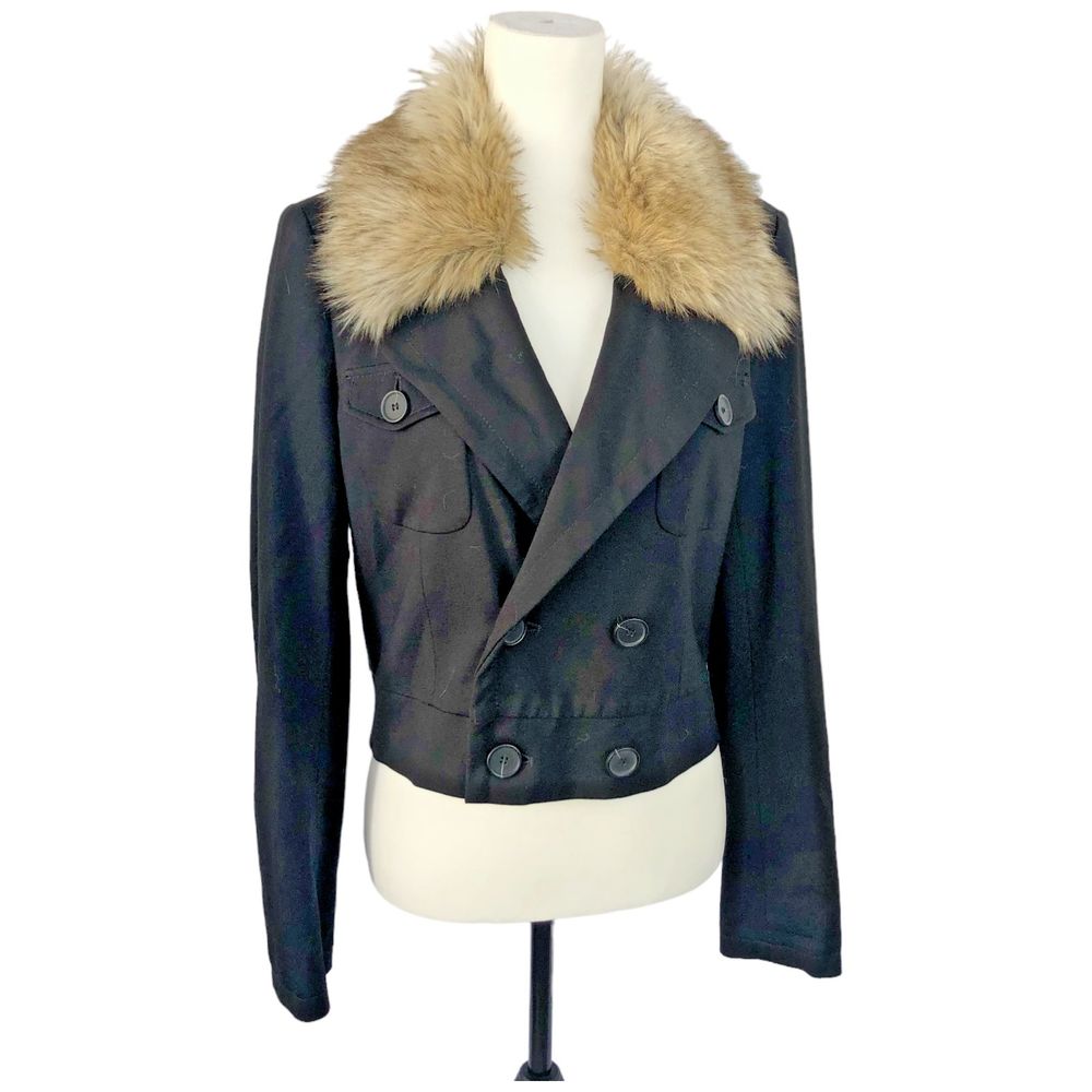 Ann Taylor Loft Women's Black Cropped Blazer Double Breasted Faux Fur Collar‎ S